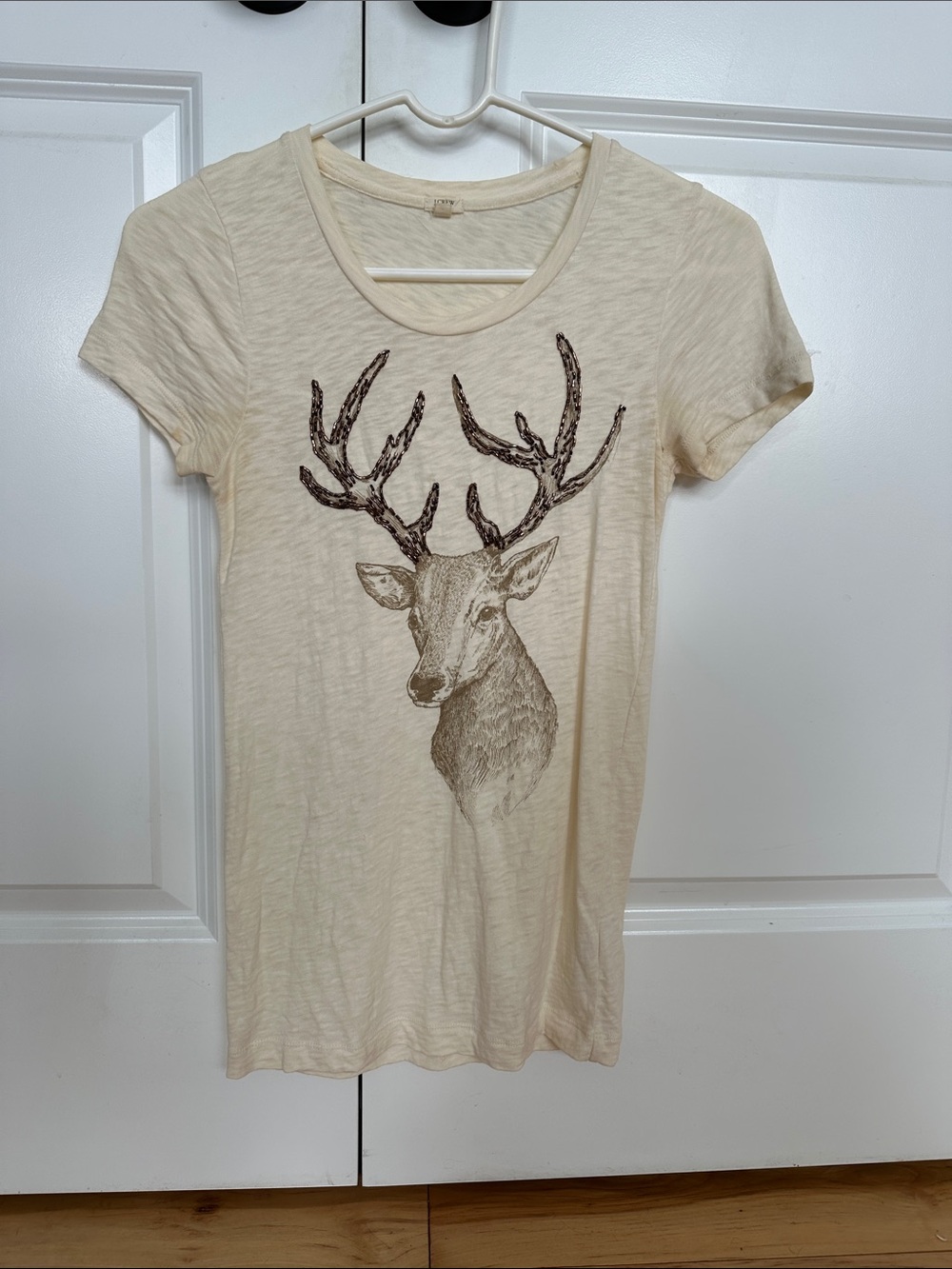 J Crew. XS Cotton Cream Short-Sleeve Deer Graphic Tee with beading.